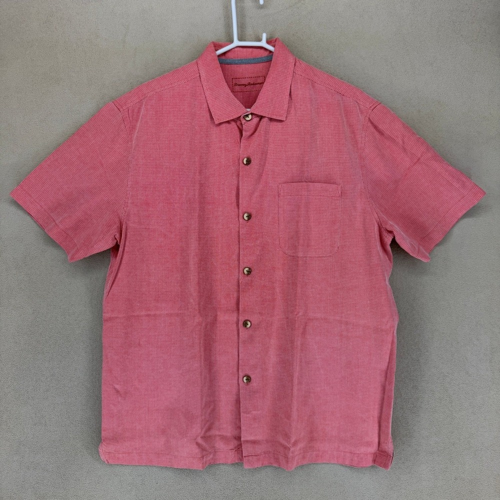 Tommy Bahama Button-Down Mens L Short Sleeve Salmon Pink 100% Silk EUC